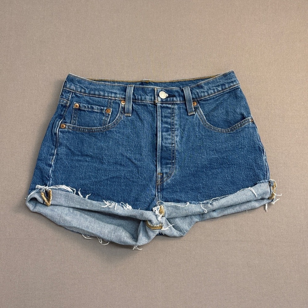 Levis 501 Original Cut Off Denim Shorts Blue Medium Wash High Rise Womens 29‎